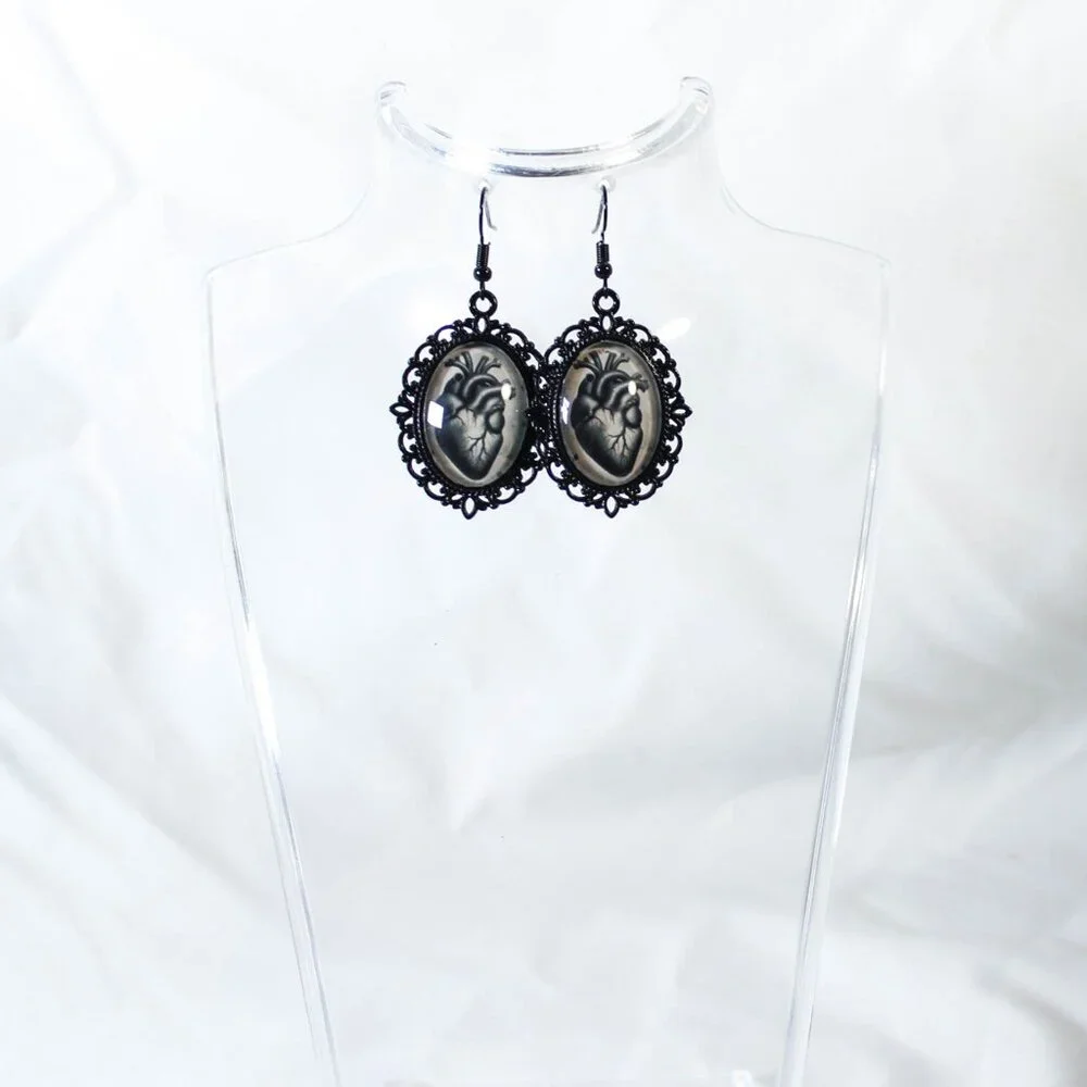 Gothic “Heart of the Hollow” Anatomical Heart Black Metal Cameo Earrings